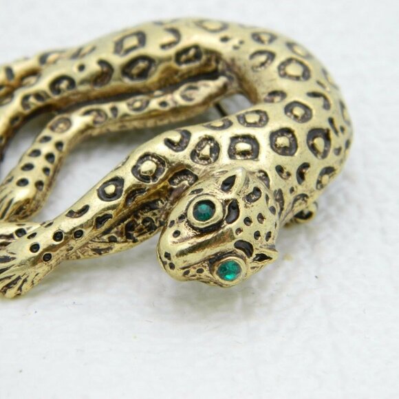 Gold Tone Black Enamel Cheetah Green Rhinestone - Picture 2 of 5